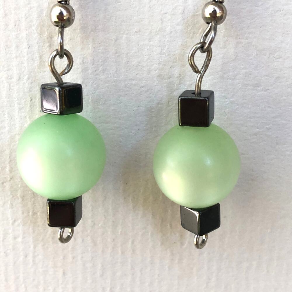 Green and Gray Dangle Statement Earrings Hook Upcycled Faux Pearls Handmade Gift